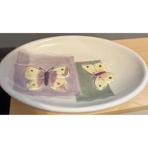 Vintage Butterfly Ceramic Trinket Dish Oval Catchall Plate White Yellow Purple